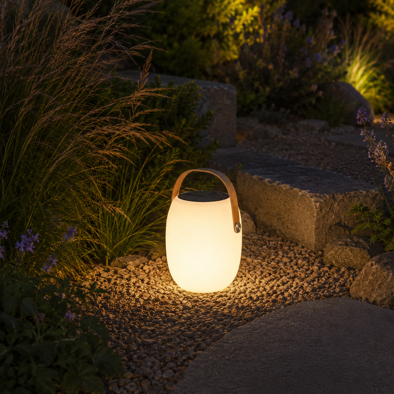 Aire portable outdoor lantern glowing on gravel between stone steps and ornamental grasses at night