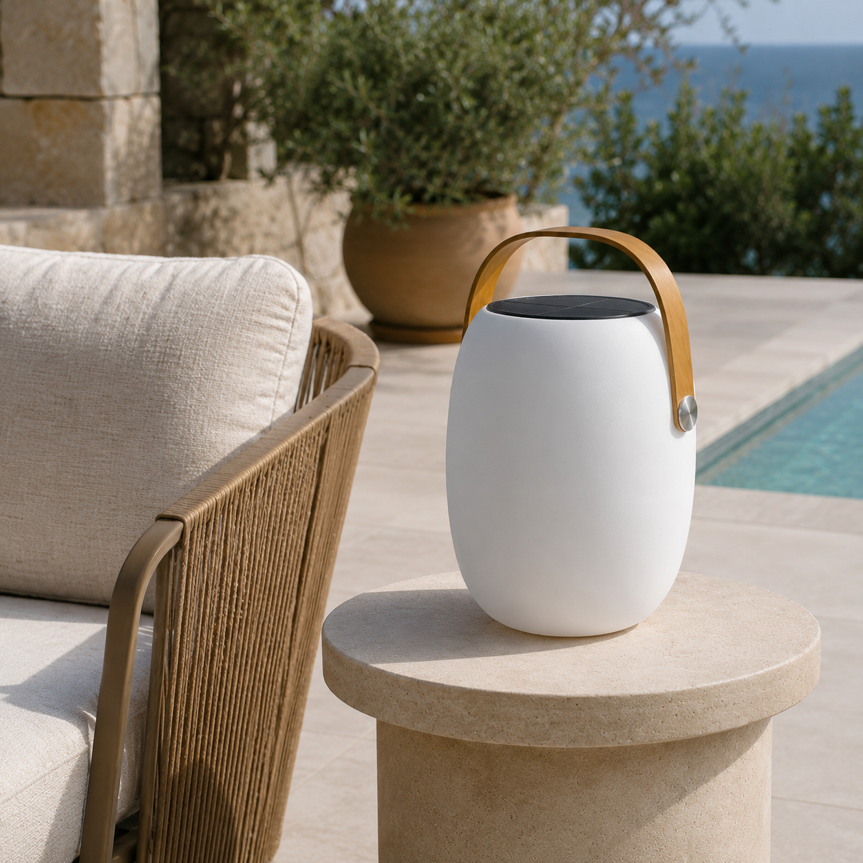Aire portable outdoor lantern unlit on round stone table on coastal patio overlooking ocean and pool