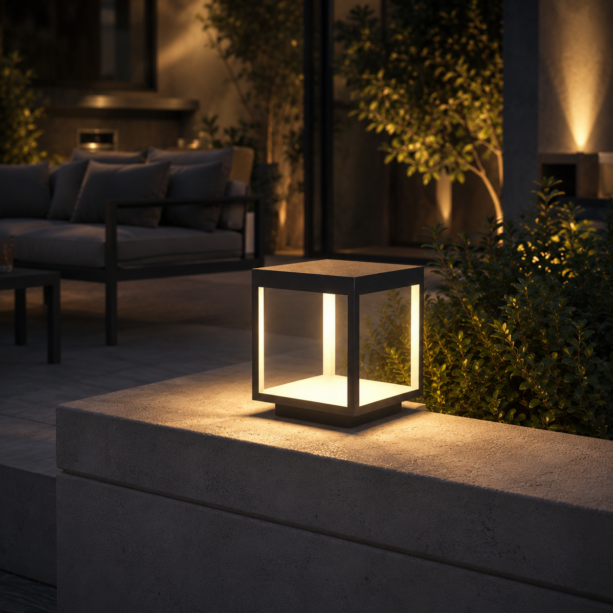 Alcabrichel square post light on concrete bench at night with outdoor sofa and illuminated plants