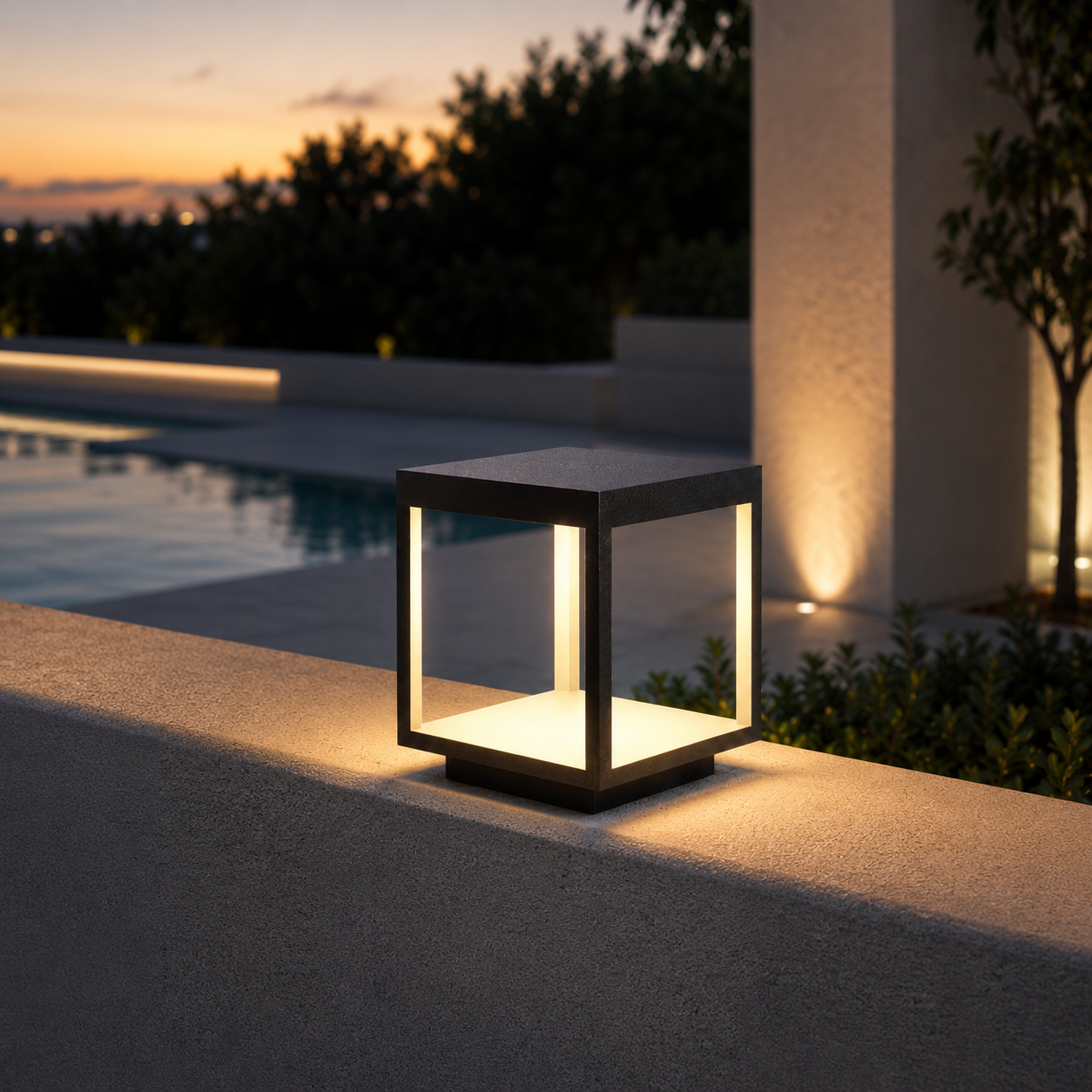 Alcabrichel square post light glowing on pool wall at sunset with palm trees and city skyline behind