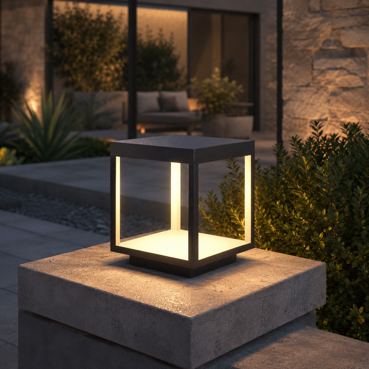 Alcabrichel square post light glowing on stone pillar at dusk beside stone house and outdoor seating