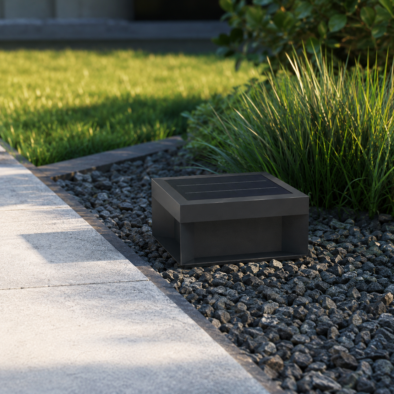 Alcacer solar box light on gravel border between lawn and paved path in daylight