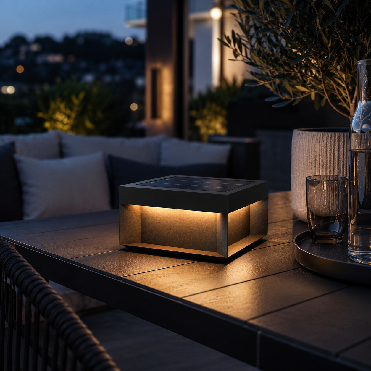 Alcacer solar box light on patio table at dusk beside outdoor sofa, water carafe and city lights behind
