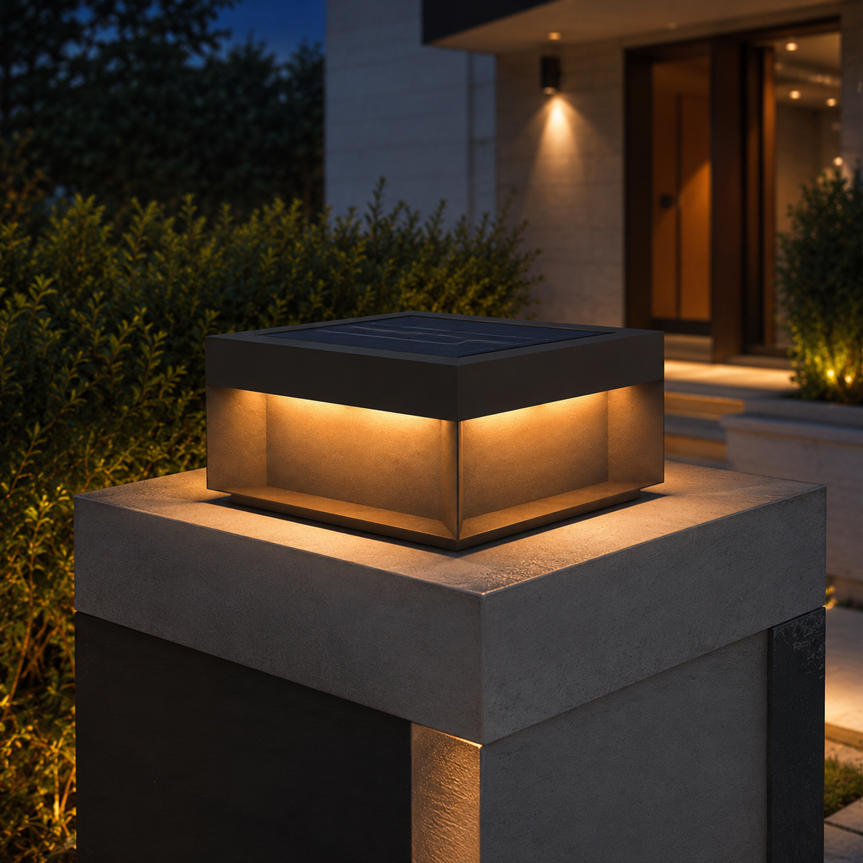 Alcacer solar box outdoor light glowing warm on stone pillar at night, modern villa entrance behind