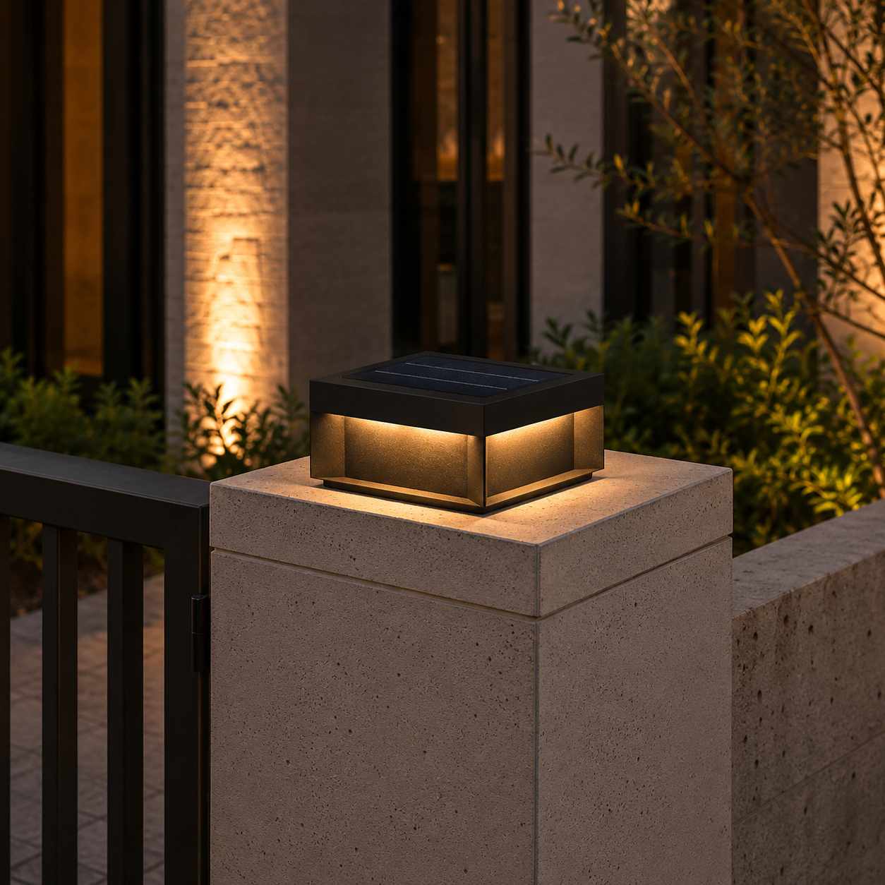 Alcacer solar box light on travertine pillar at gate entrance, olive tree behind