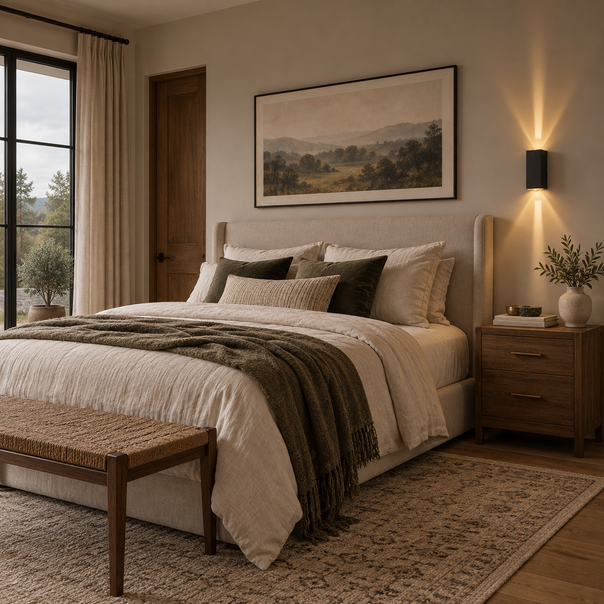 Alcobaça rectangular LED wall sconce, warm light, in a bedroom.