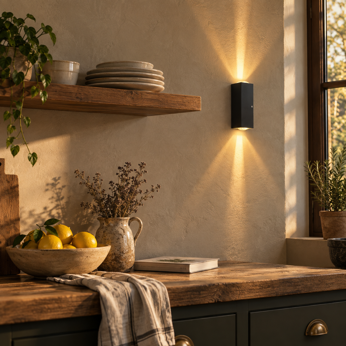 Alcobaça rectangular LED wall sconce, warm light, in a kitchen.