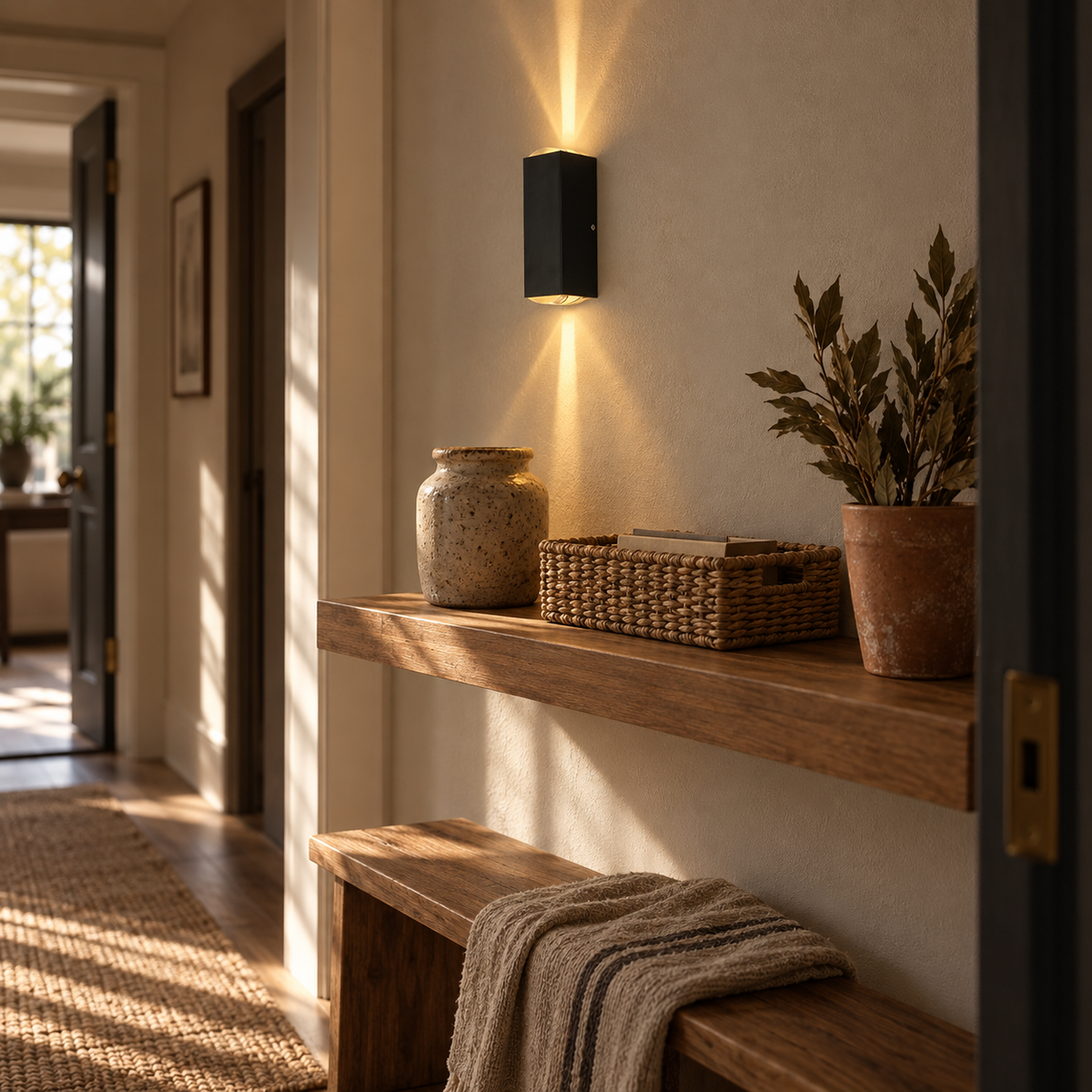 Alcobaça rectangular LED wall sconce, white light, in a hallway.