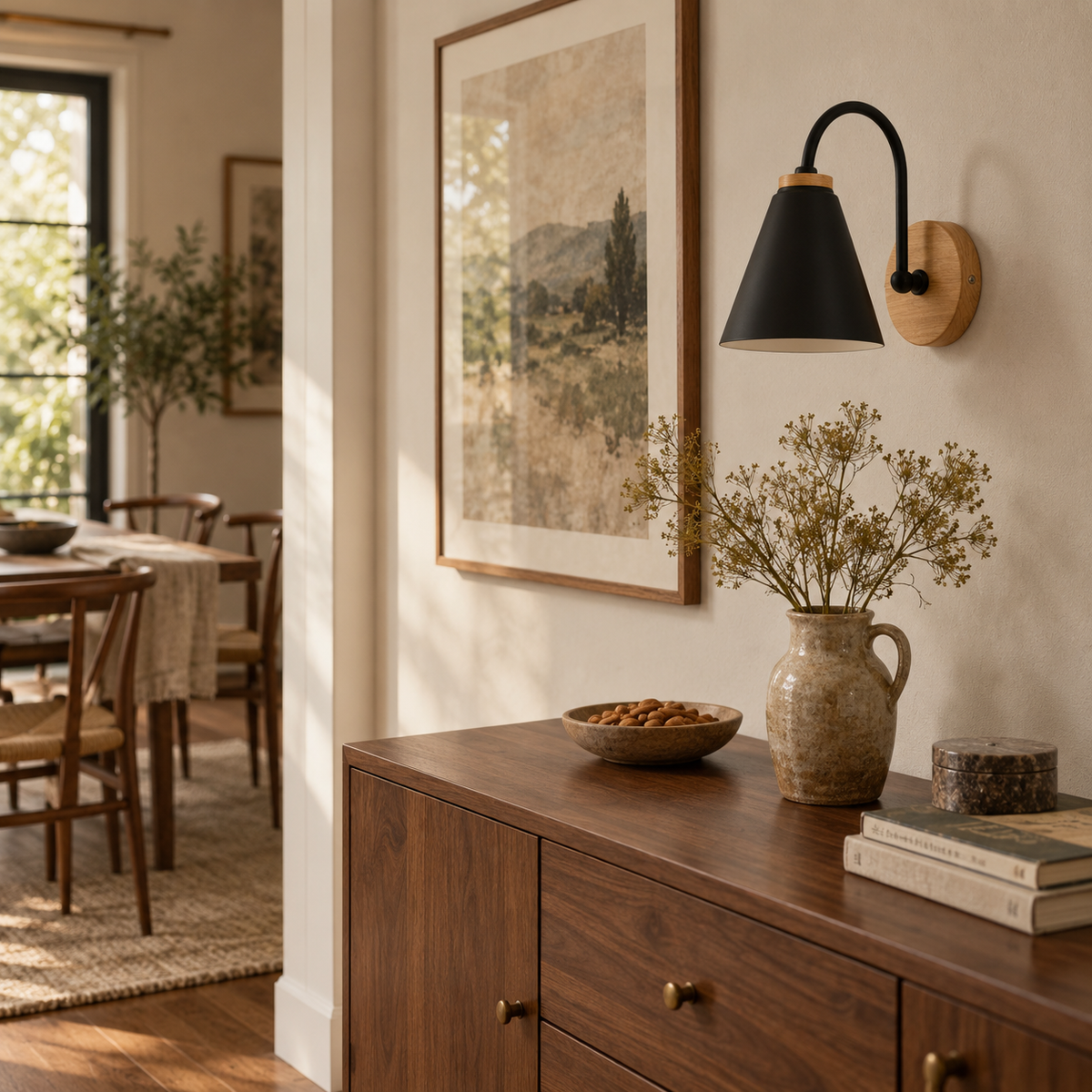 Alenquer adjustable metal wall sconce in black, in a dining room.