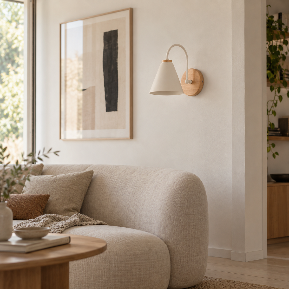 Alenquer adjustable metal wall sconce in white, in a living room.