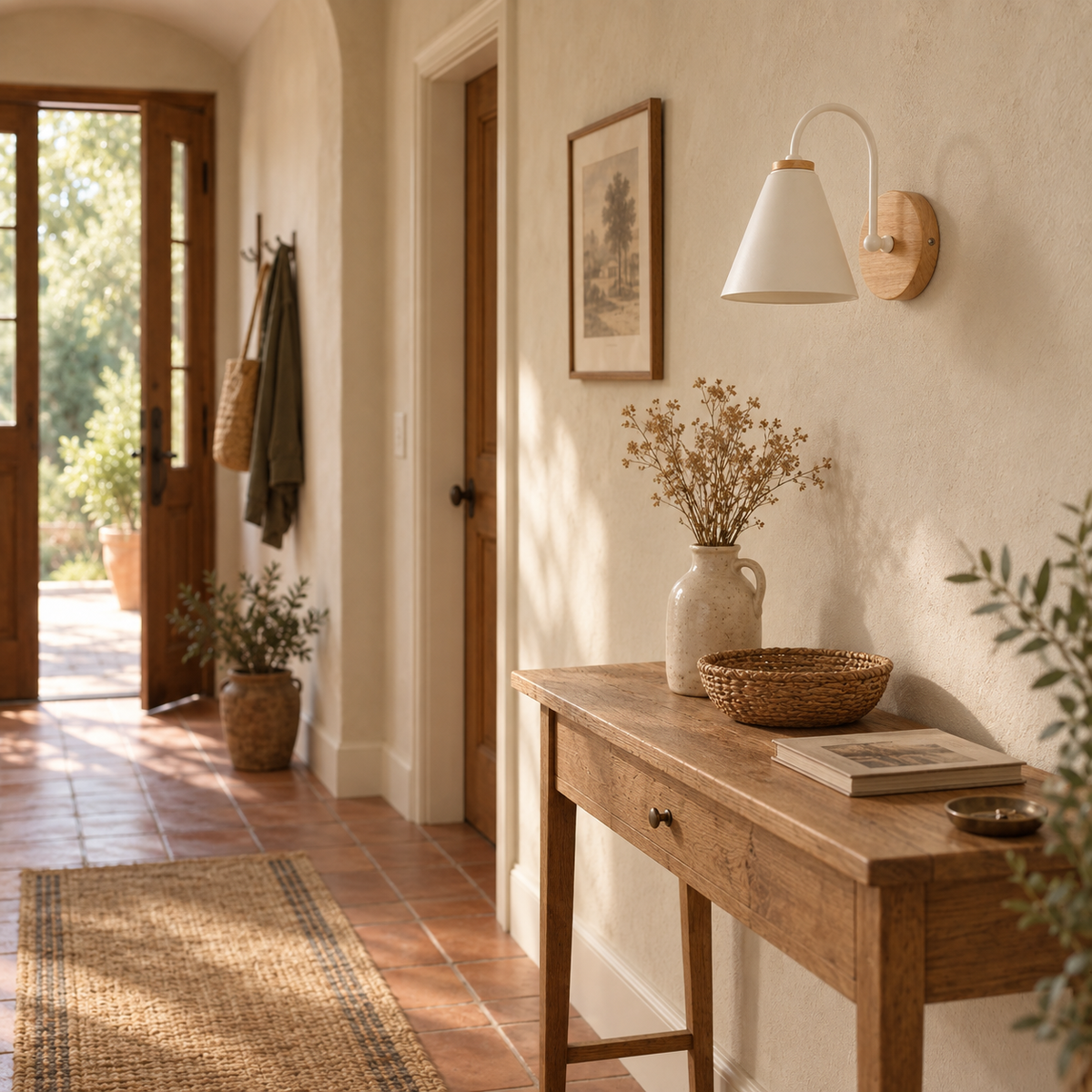 Alenquer adjustable metal wall sconce in white, in a hallway.