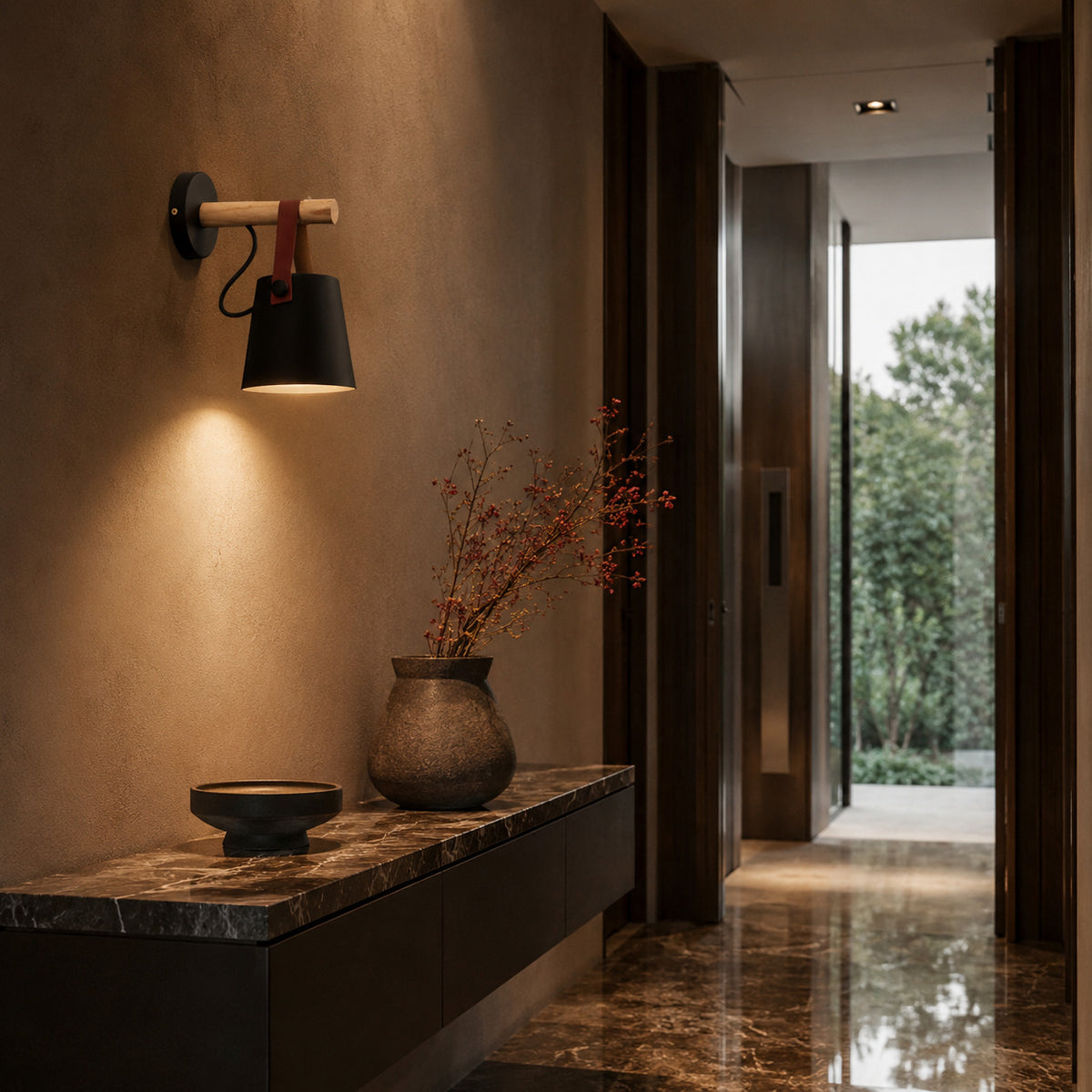 Alfusqueiro sconce in black in a hallway above a marble console table