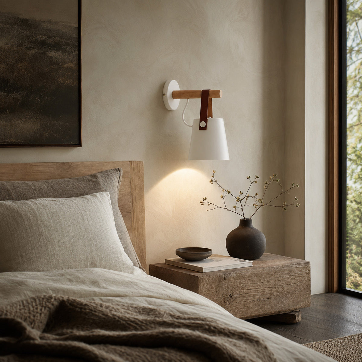 Alfusqueiro sconce in white above a wooden nightstand in a Japandi bedroom