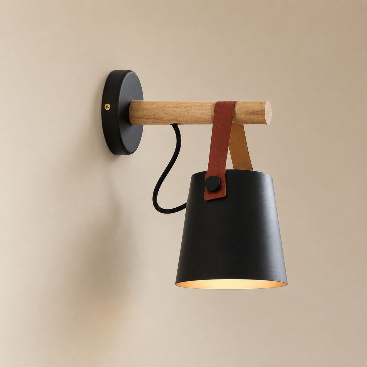 Alfusqueiro wall sconce in black, wood arm and red-brown leather strap