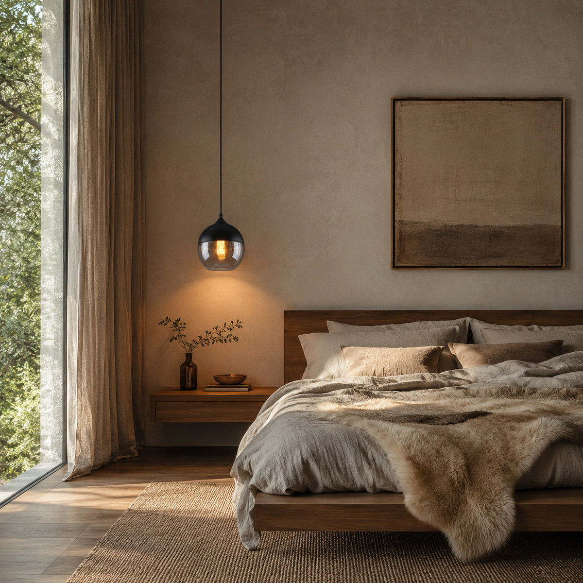 Alge pendant in black and amber, globe shape, beside the bed in a Scandinavian bedroom
