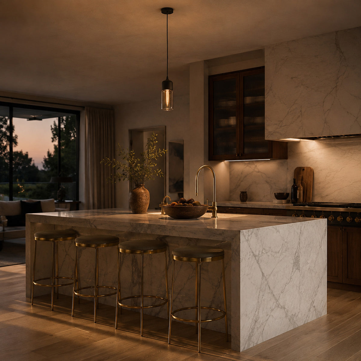 Alge pendant in black and amber, tall cylinder shape, above a marble kitchen island