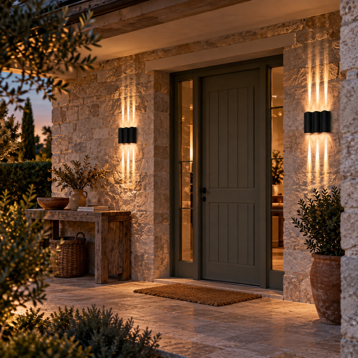 Almeida wavy aluminum outdoor wall light, warm white, on a porch.