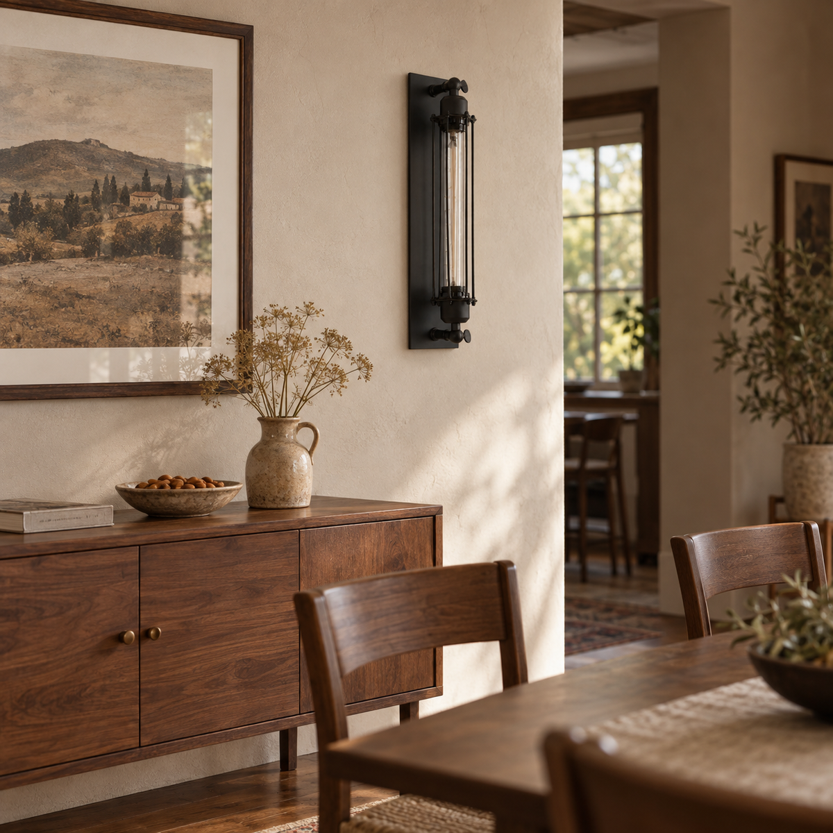 Almonda industrial wall sconce, in a dining room.