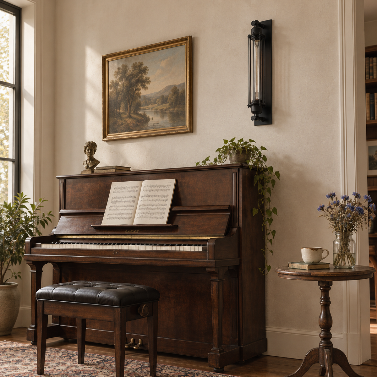 Almonda industrial wall sconce, beside a side table.