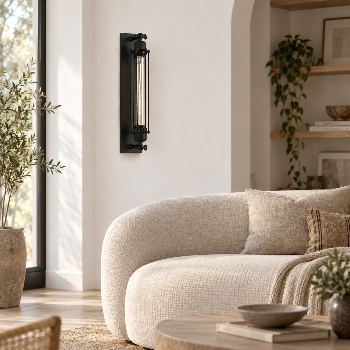 Almonda industrial wall sconce, in a living room.