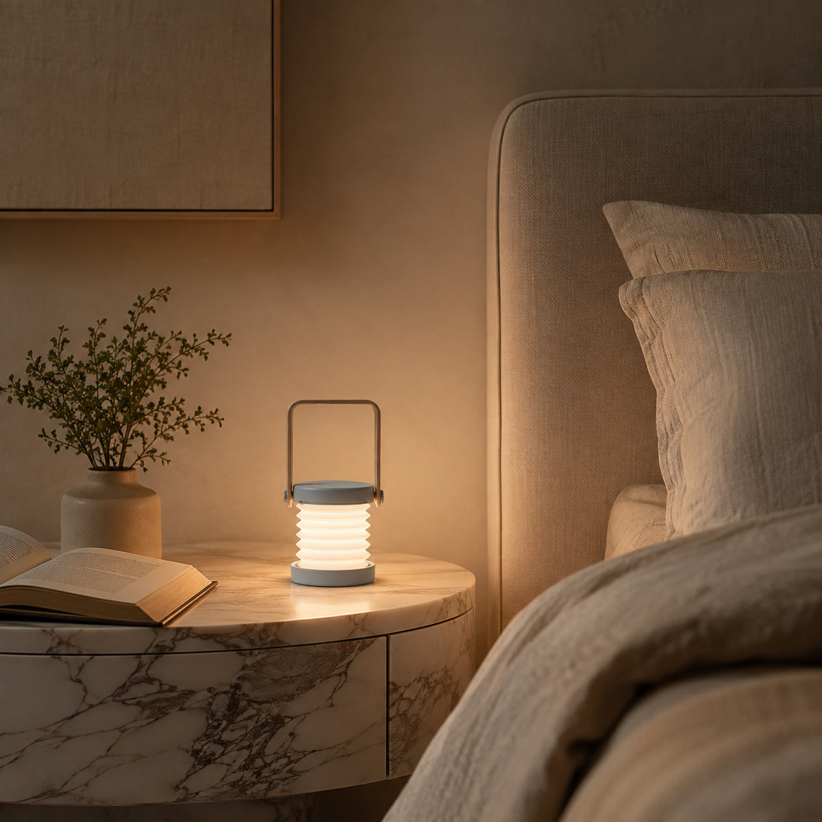 Alva lantern in grey lit on a marble nightstand beside an open book
