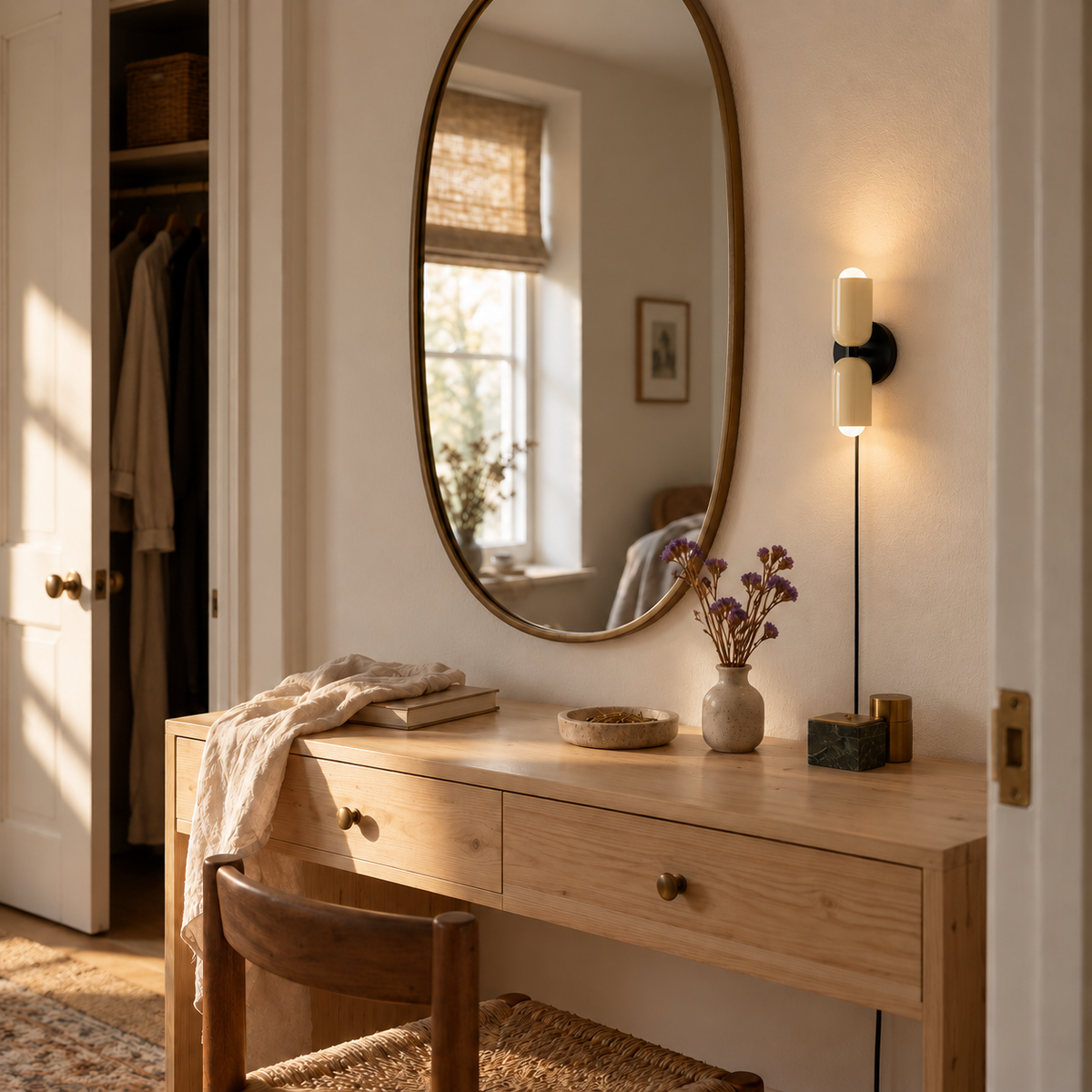 Alvor up-and-down plug-in wall sconce in beige, in a dressing room.