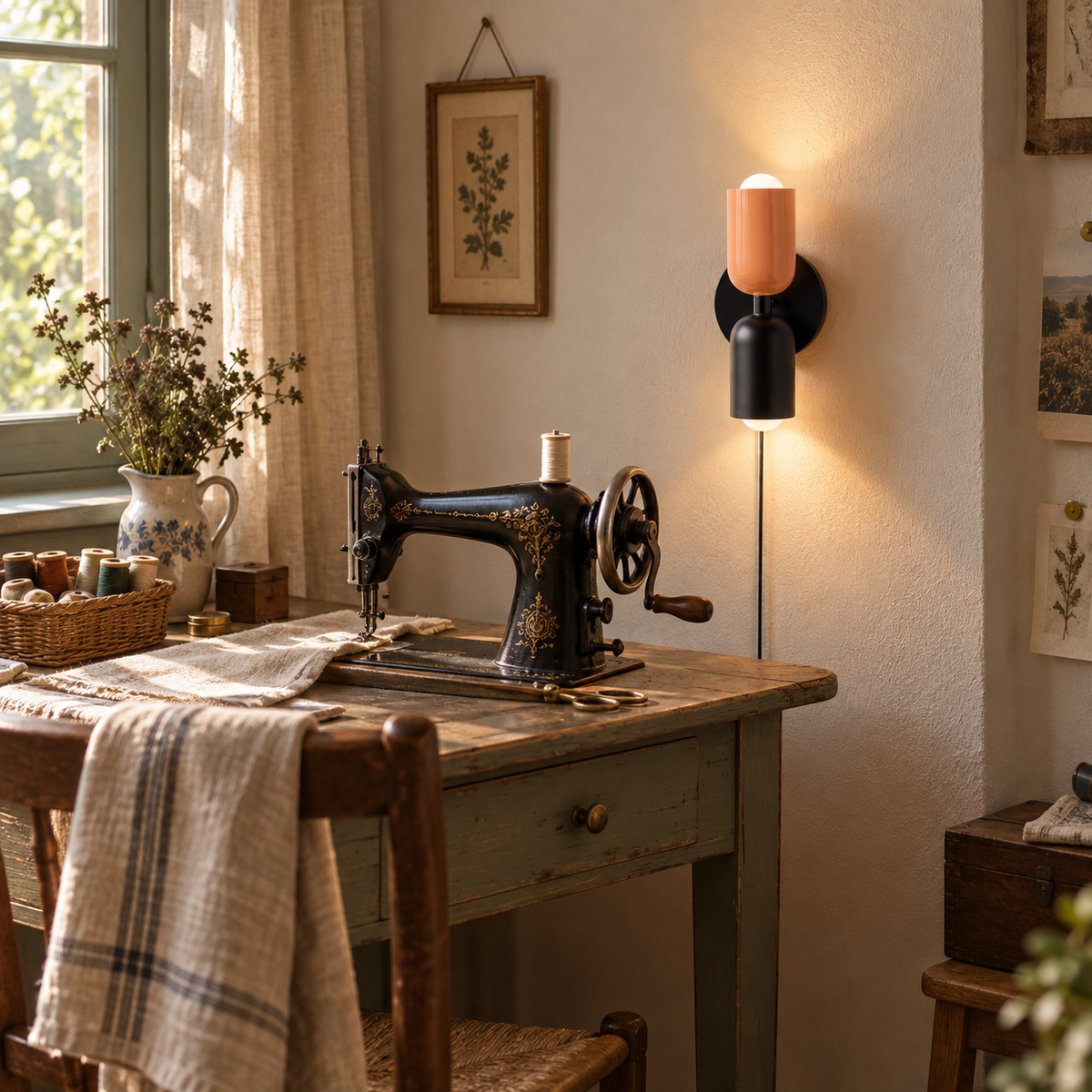 Alvor up-and-down plug-in wall sconce in black, in a box room.