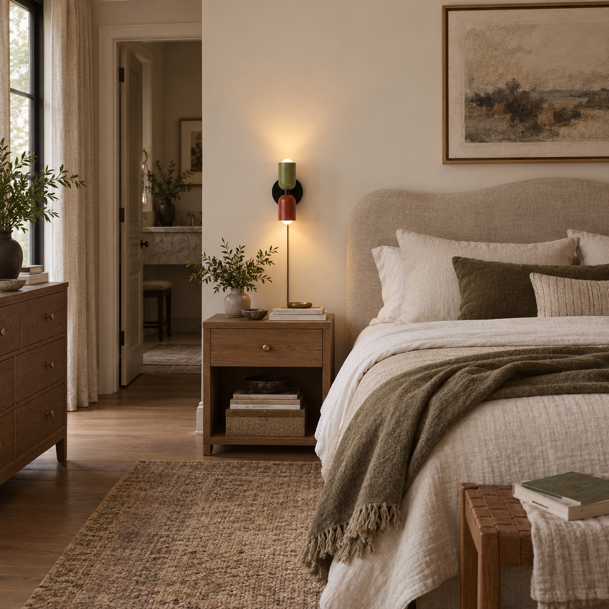 Alvor up-and-down plug-in wall sconce in red, in a bedroom.