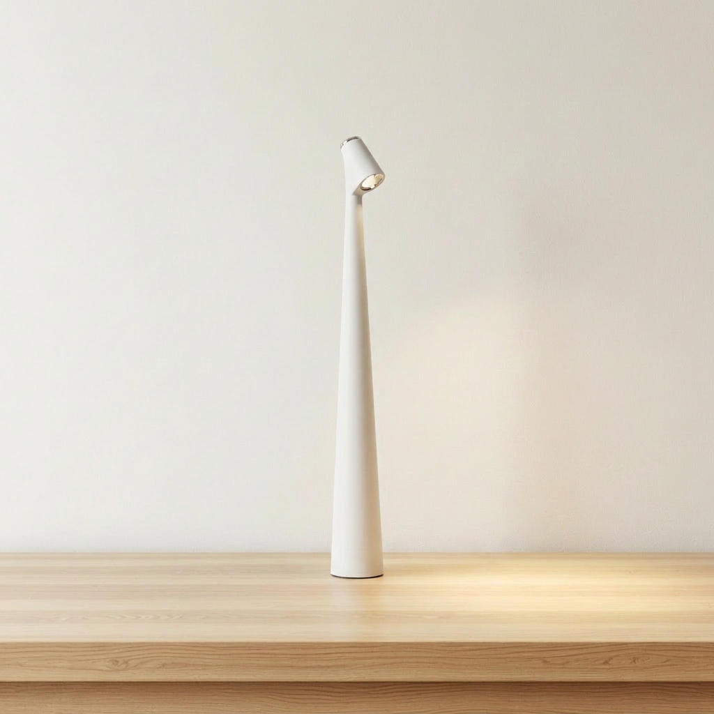 Cordless LED mood lamp with brown ABS base and aluminum head, product shot.