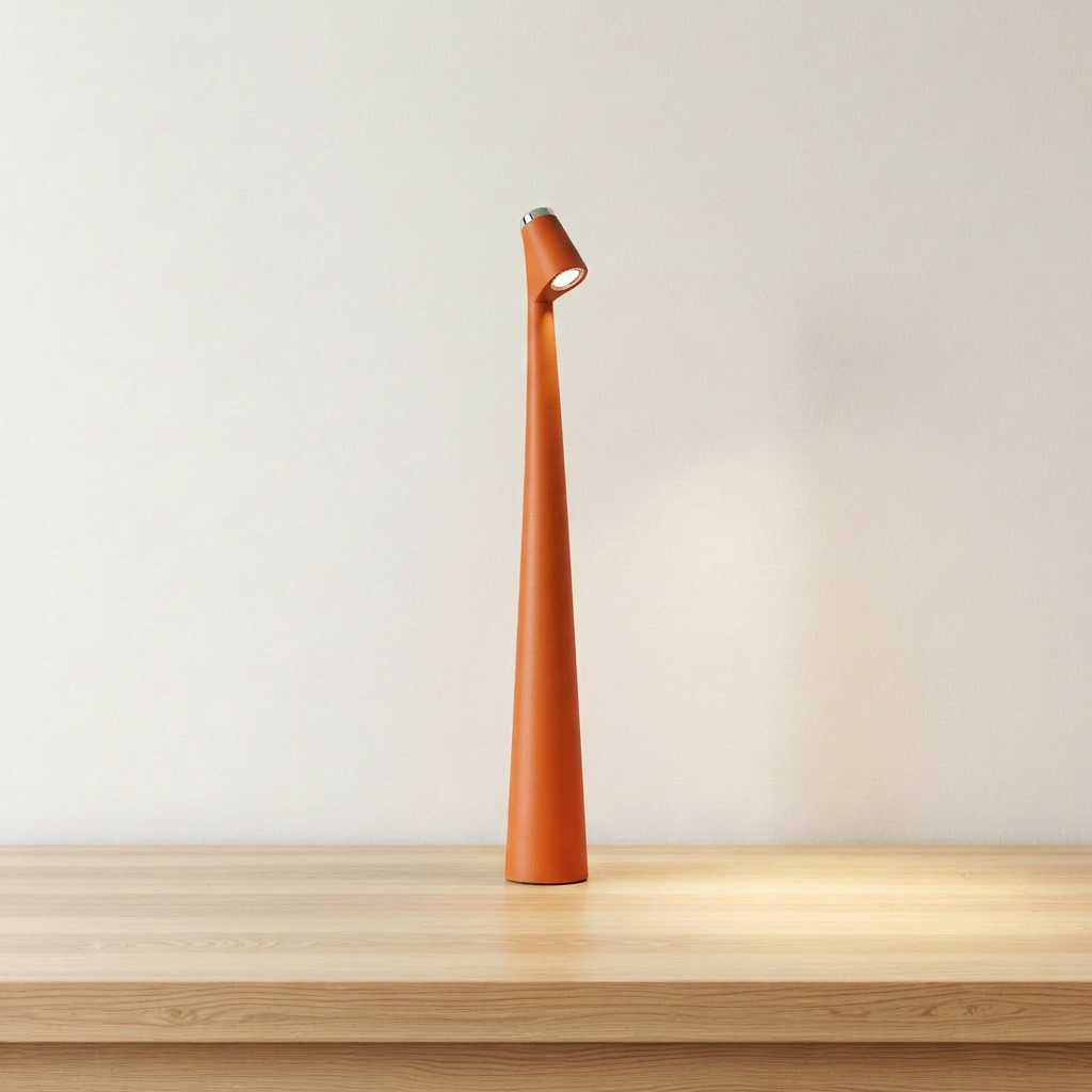 Cordless LED mood lamp with orange ABS base and aluminum head, product shot.