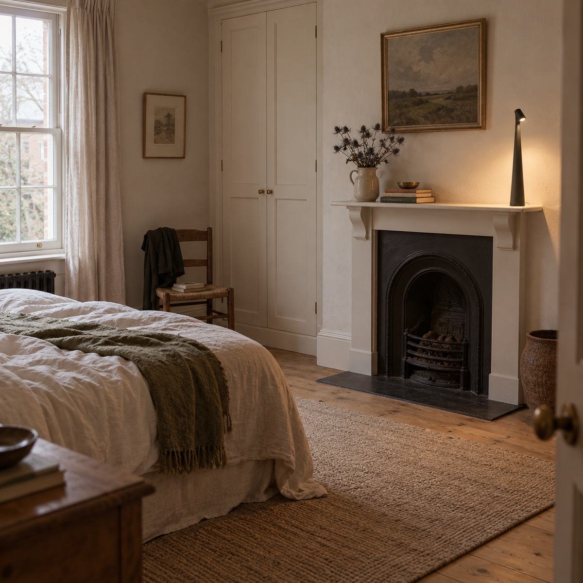 Amarante cordless LED mood lamp in black, in a bedroom, beside a fireplace mantel.