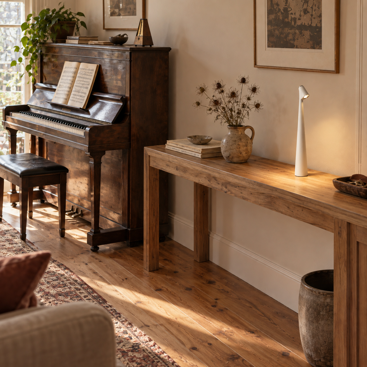 Amarante cordless LED mood lamp in brown, beside a console table.