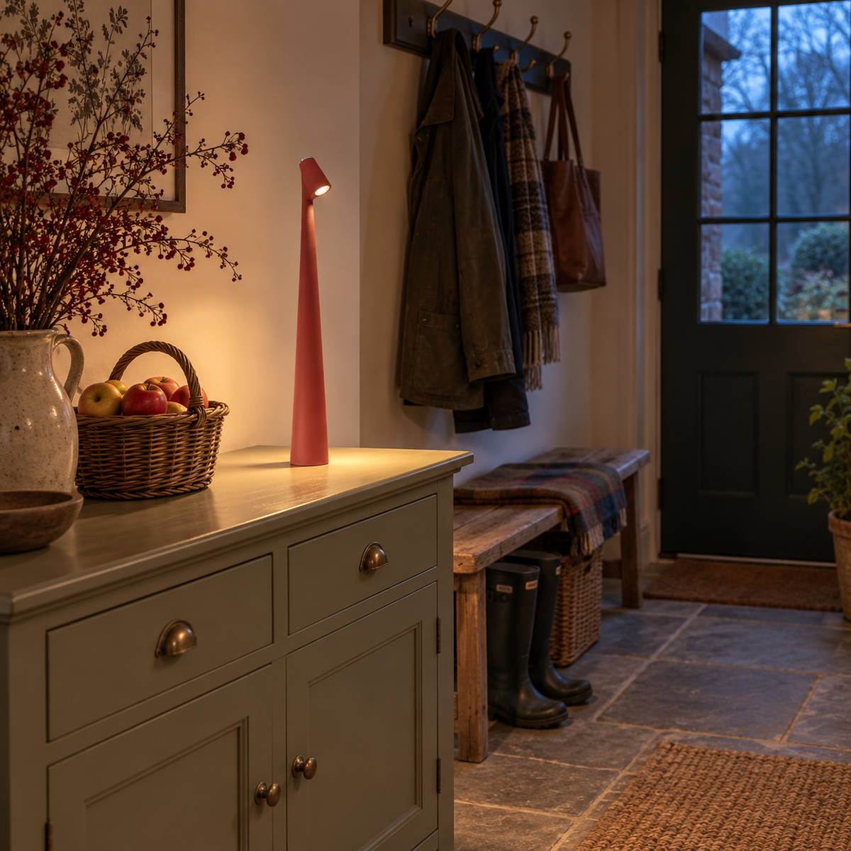 Amarante cordless LED mood lamp in red, beside a console table.