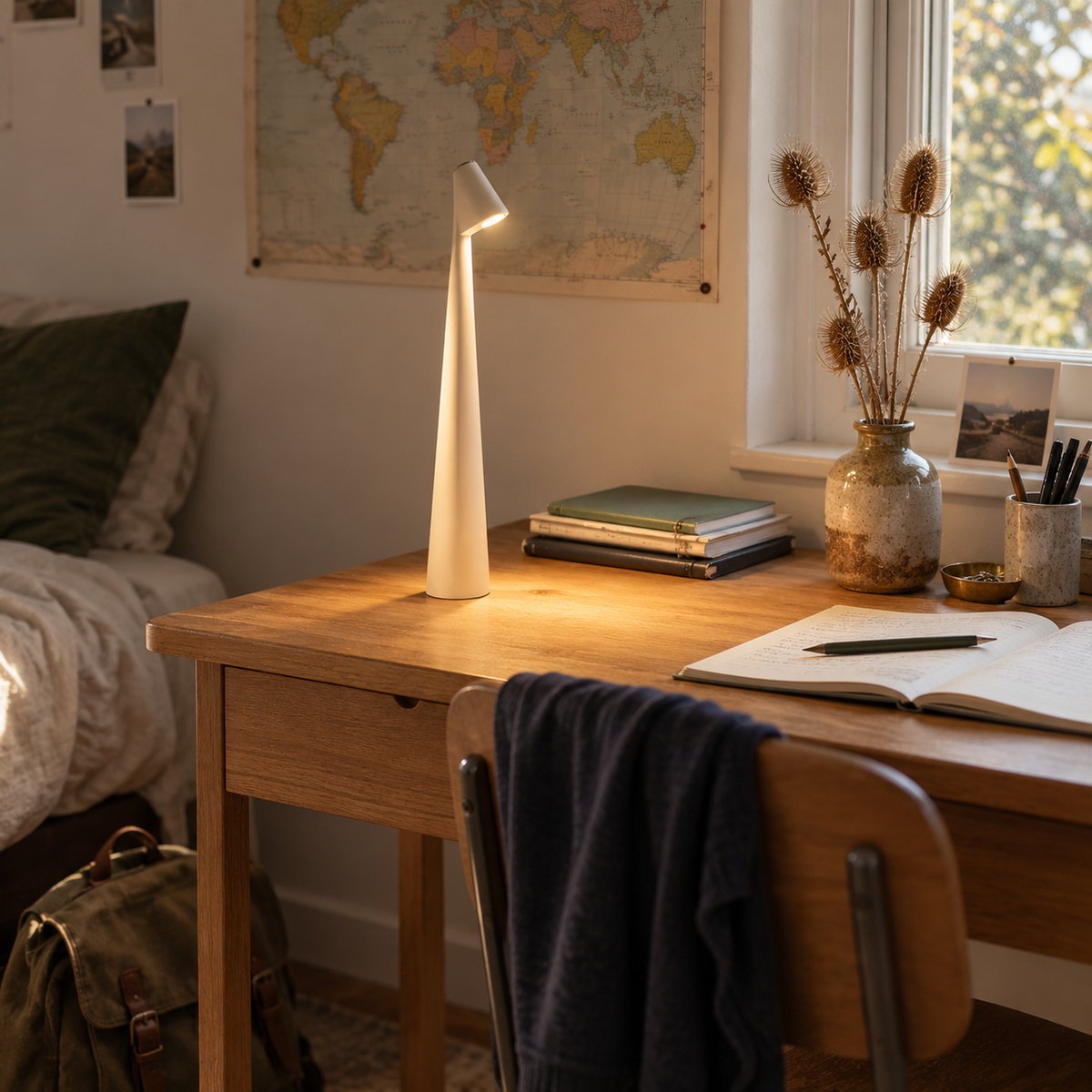 Amarante cordless LED mood lamp in white, in a bedroom.