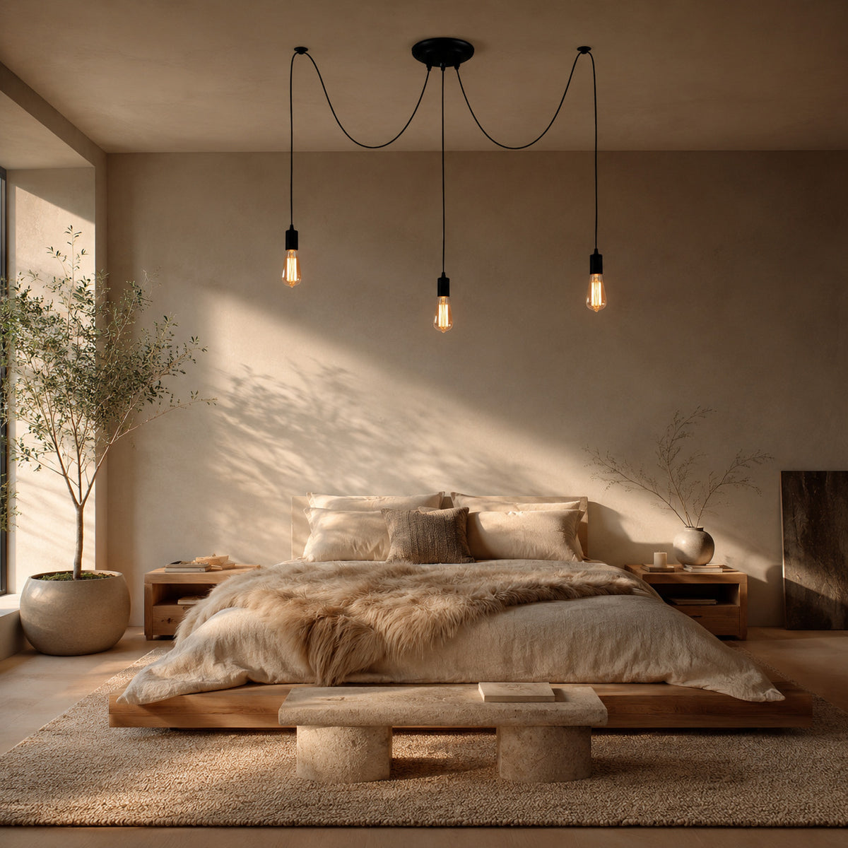 Anadia spider chandelier above a low platform bed in a Scandinavian bedroom