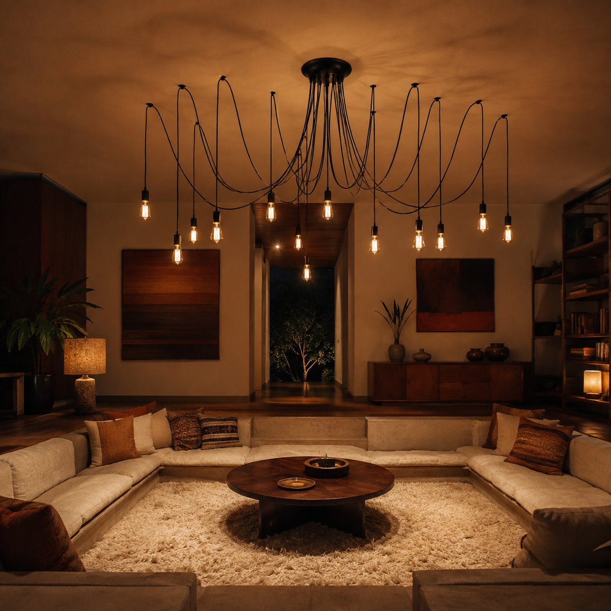 Anadia spider chandelier above a mid century sunken seating area