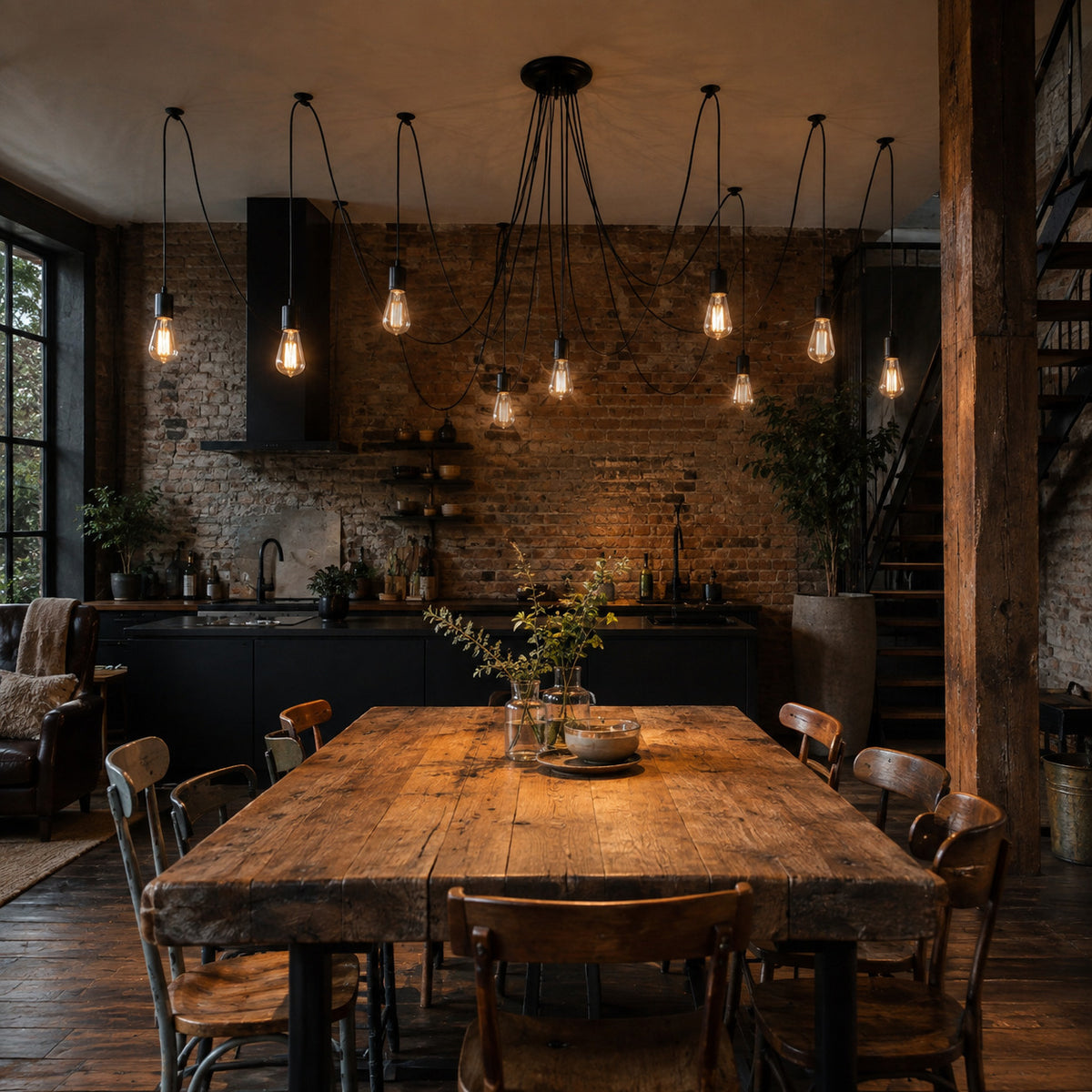 Anadia spider chandelier above a reclaimed oak table in an industrial loft