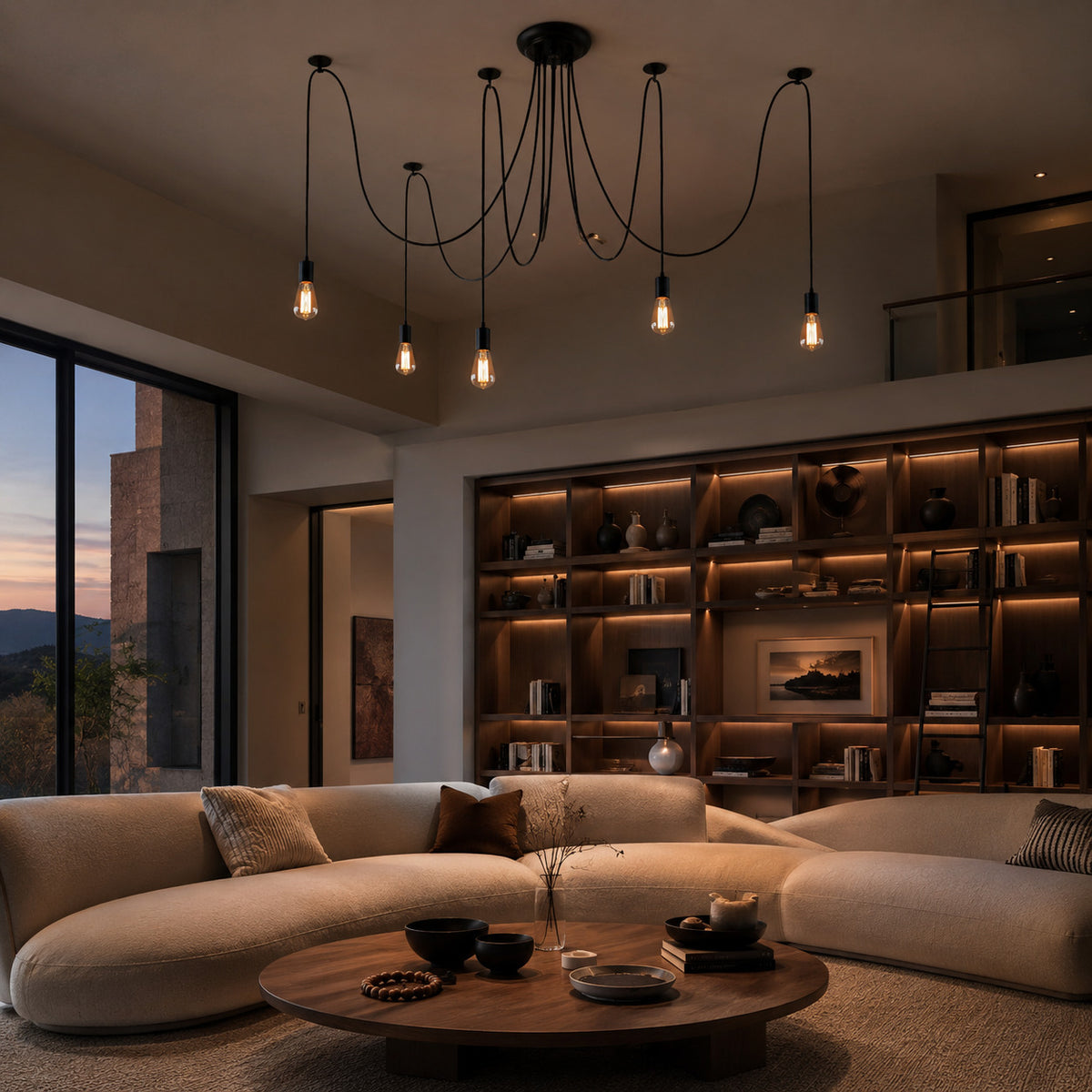 Anadia spider chandelier in a double height living room with a bookshelf wall