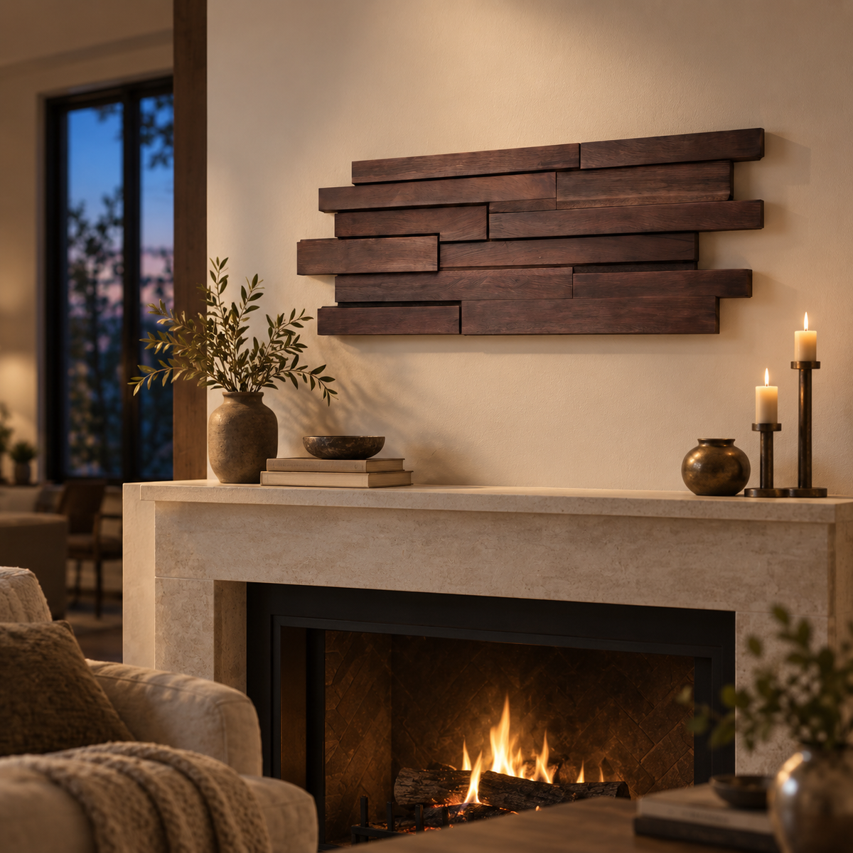 Âncora plank wood wall panel in walnut, in a living room.