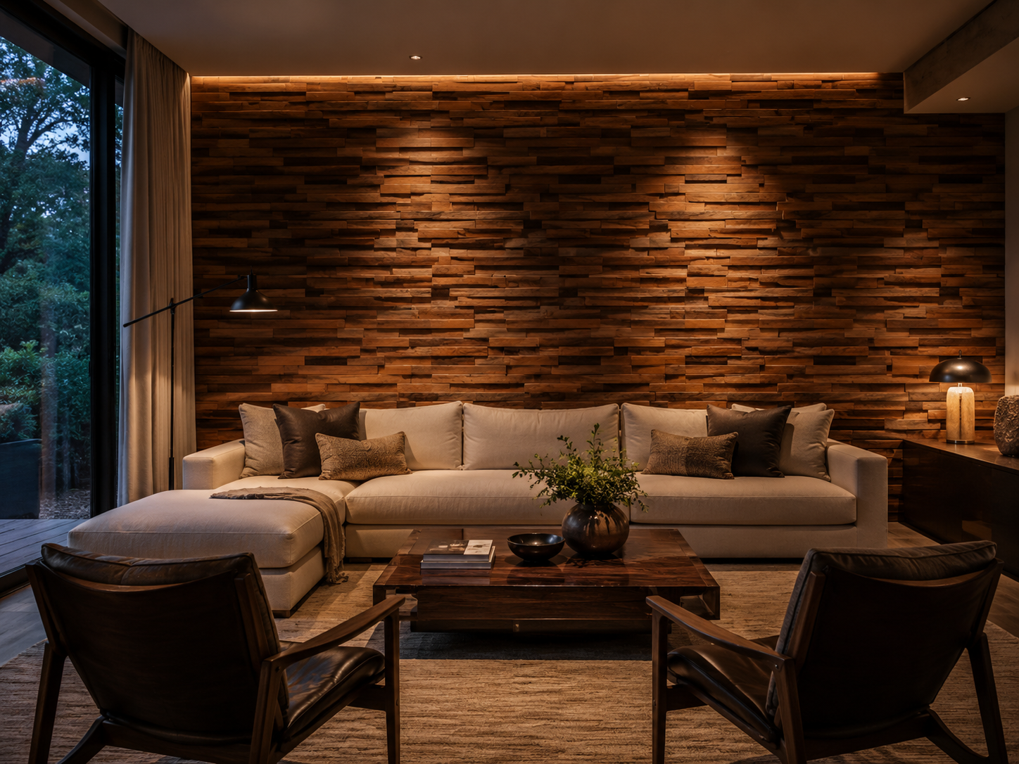 Âncora plank panel in a styled lounge, warm wood texture.