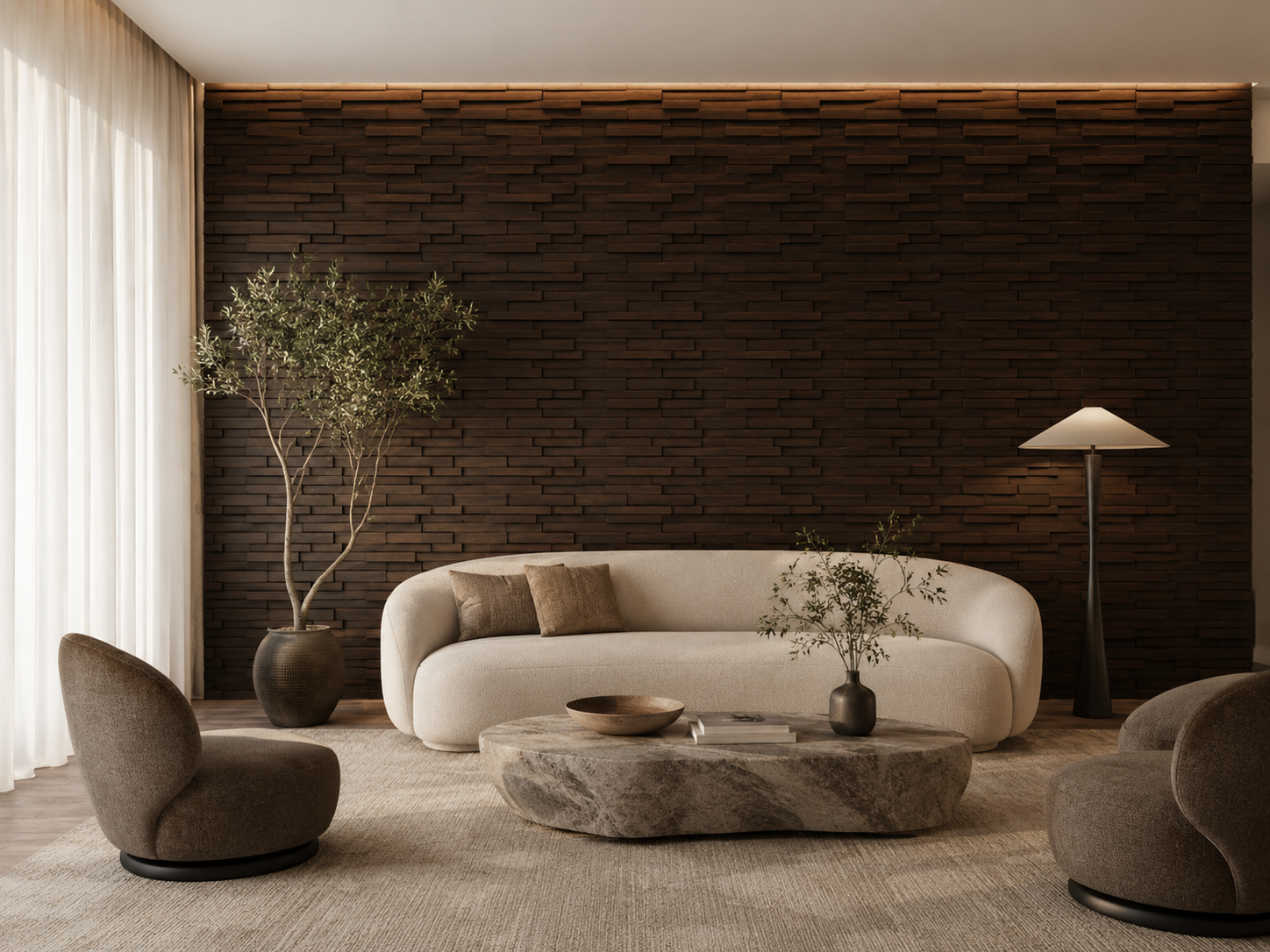 Âncora plank panel install close-up, depth and grain on natural wood.