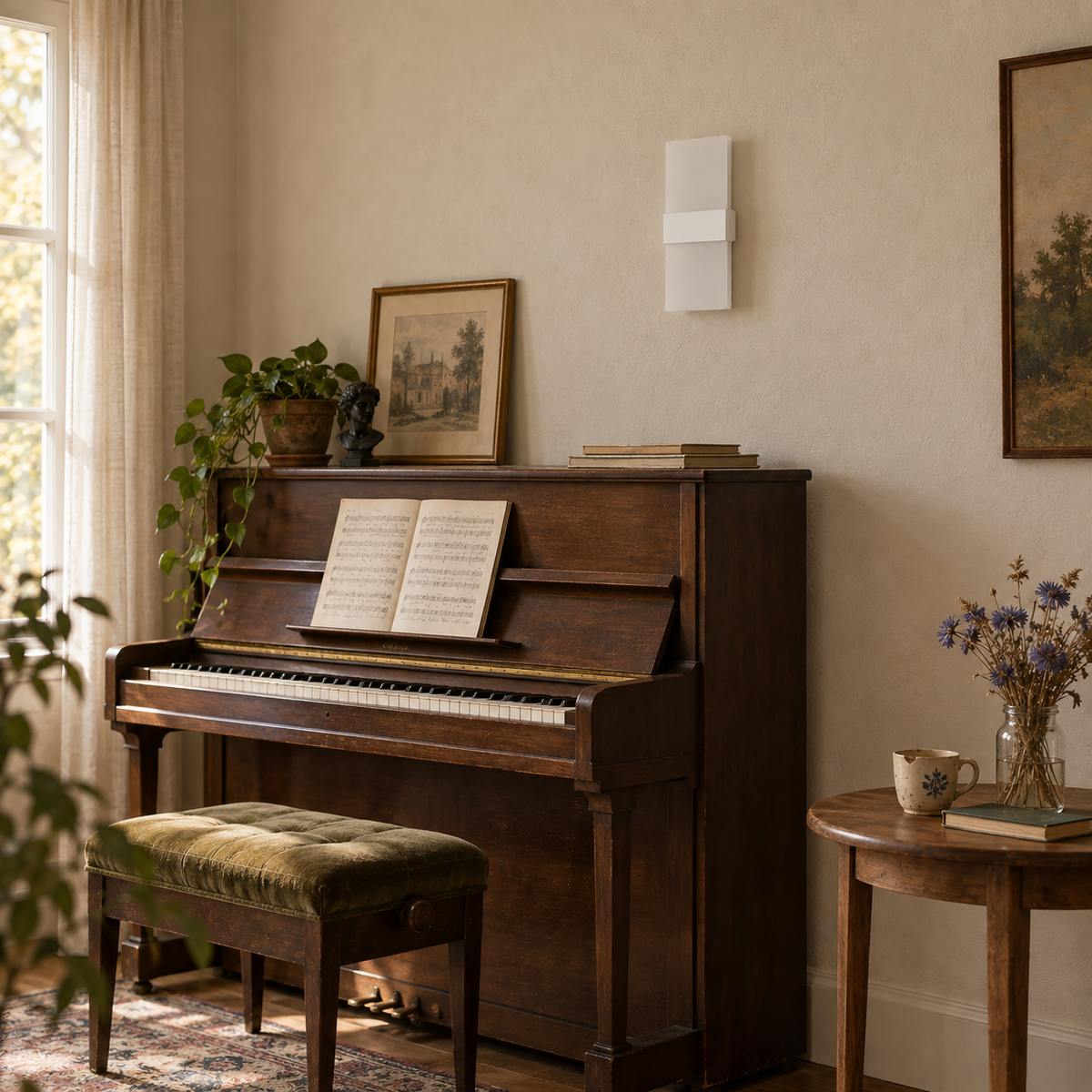 Anços strip LED wall sconce, warm white, beside a side table.