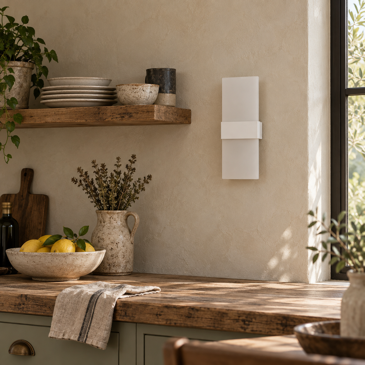 Anços strip LED wall sconce, warm white, in a kitchen.