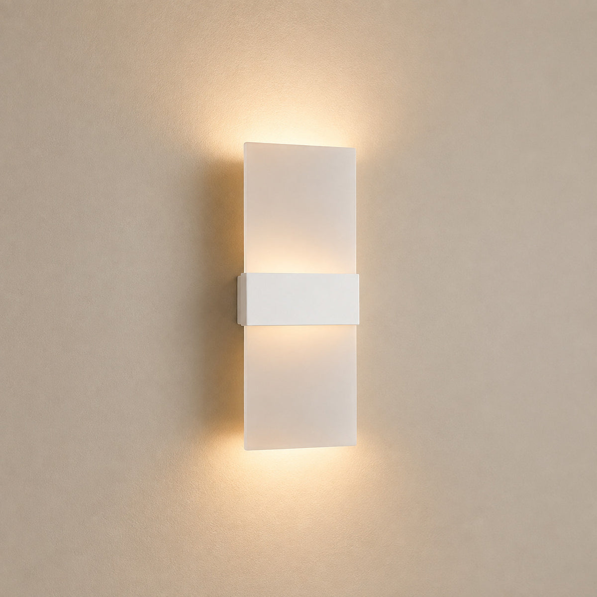 Anços strip LED wall sconce with a white band on a frosted acrylic panel, warm white light