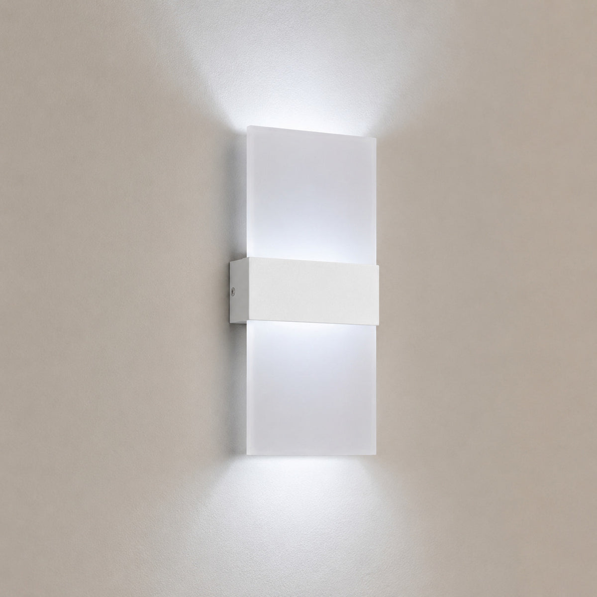 Anços strip LED wall sconce with a white band on a frosted acrylic panel, cool white light