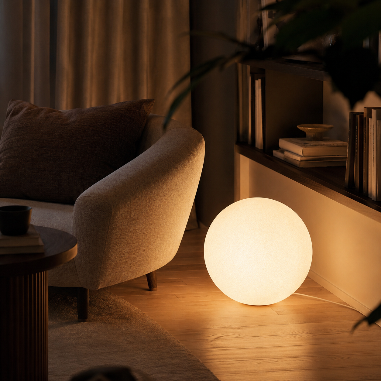 Angra resin globe floor lamp glowing warm in evening living room corner with armchair