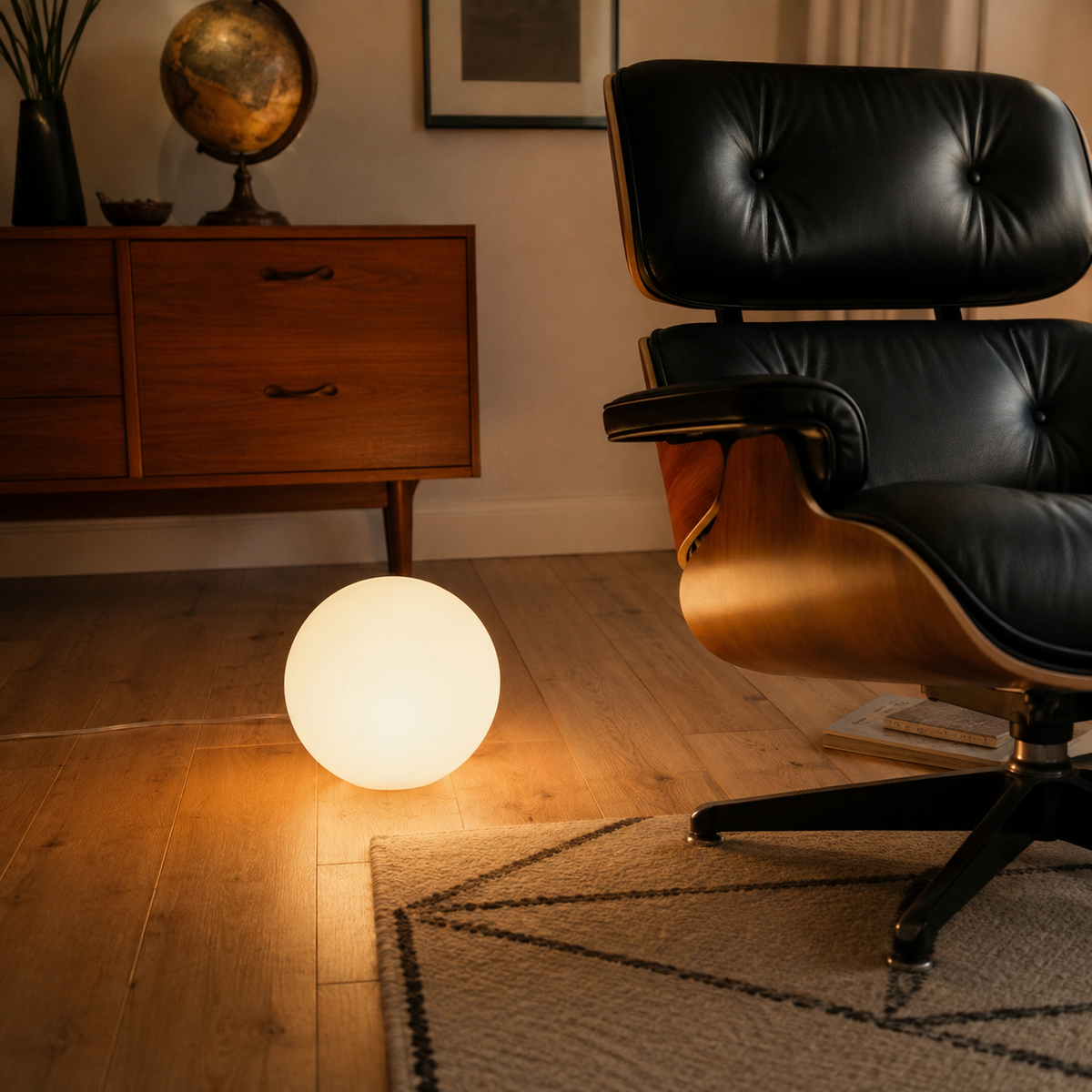 Angra glowing globe floor lamp, cool light, in a den.