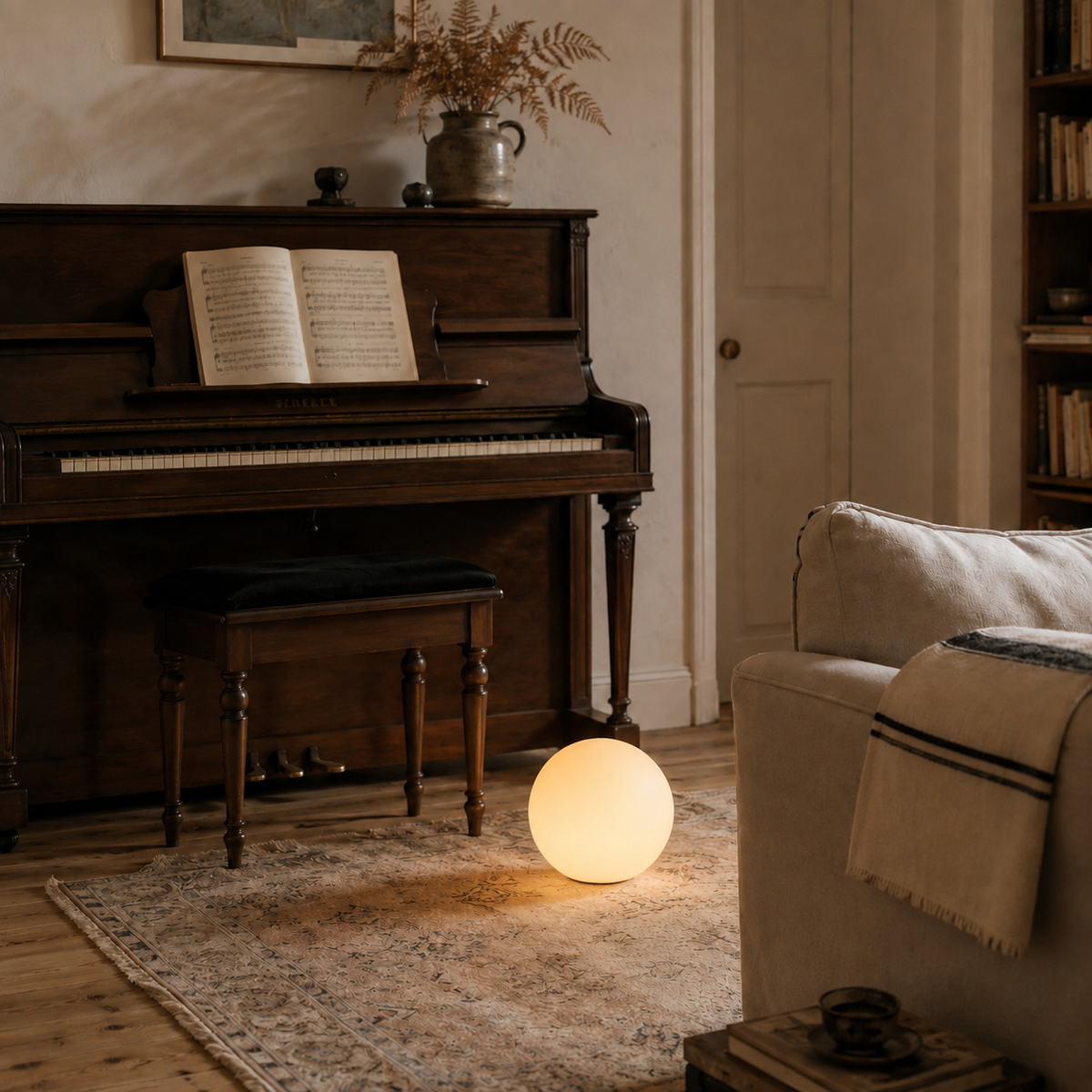 Angra glowing globe floor lamp, beside a sofa, beside a sofa.