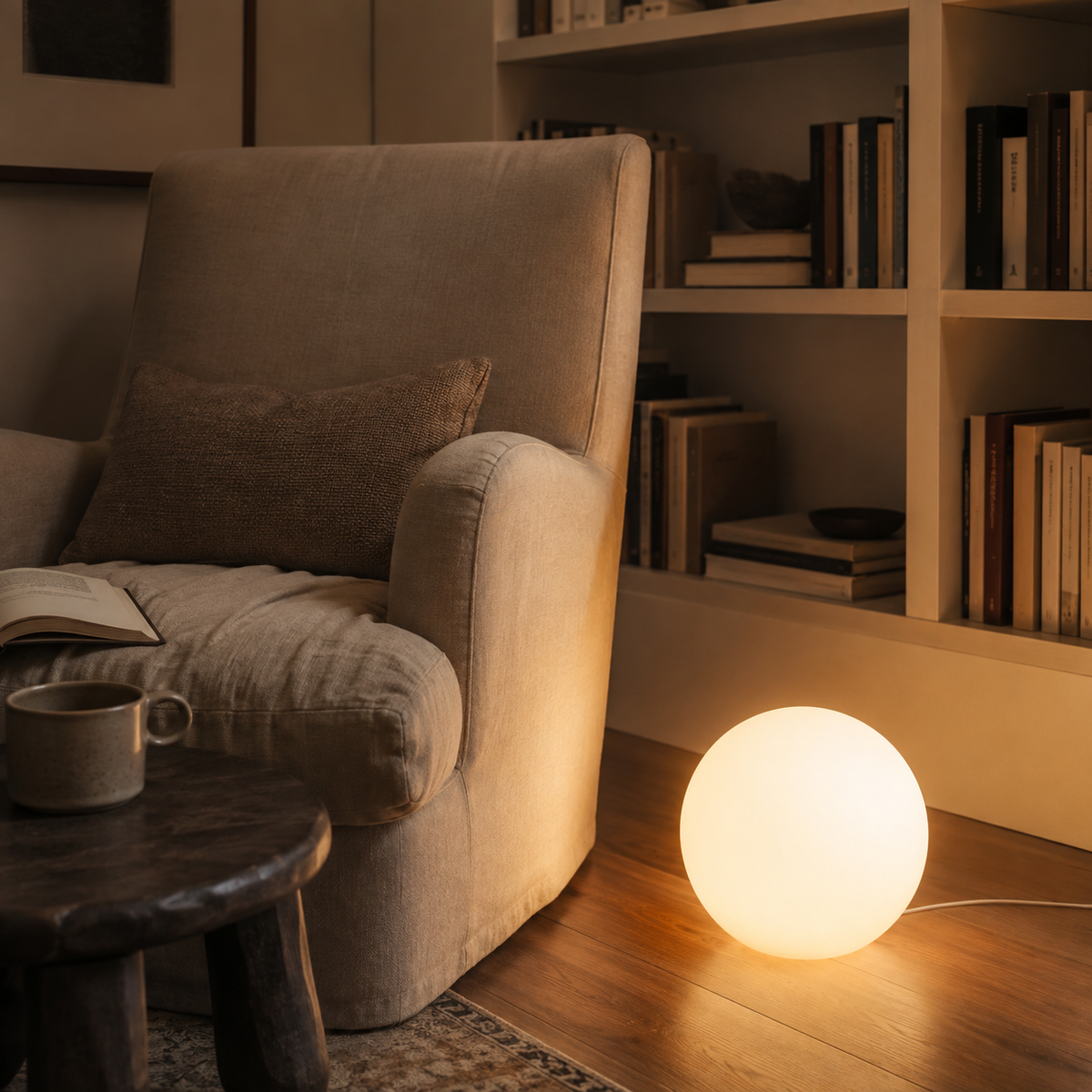 Angra glowing globe floor lamp, warm light, in a reading nook.