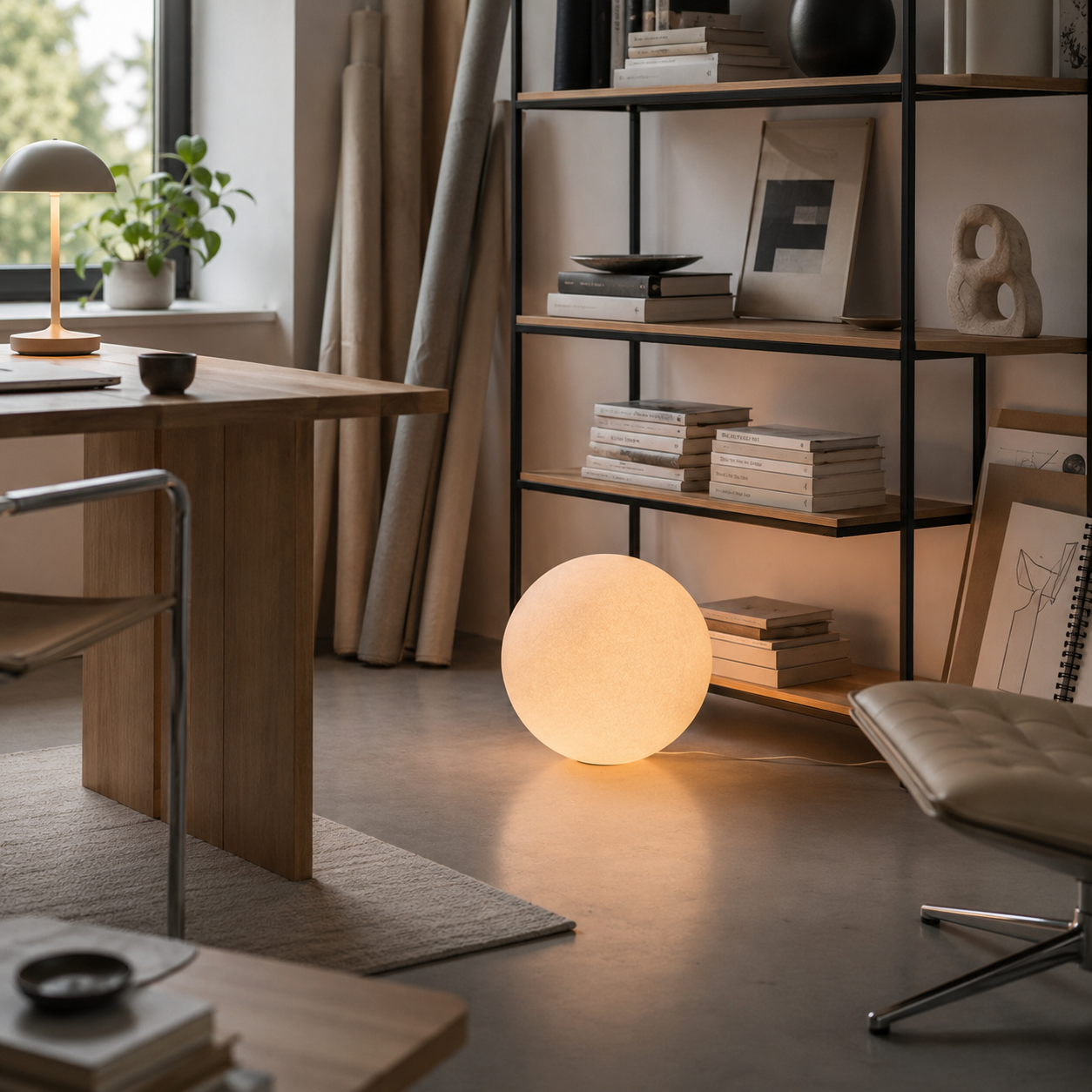Angra resin globe floor lamp on concrete floor in home office with bookshelf